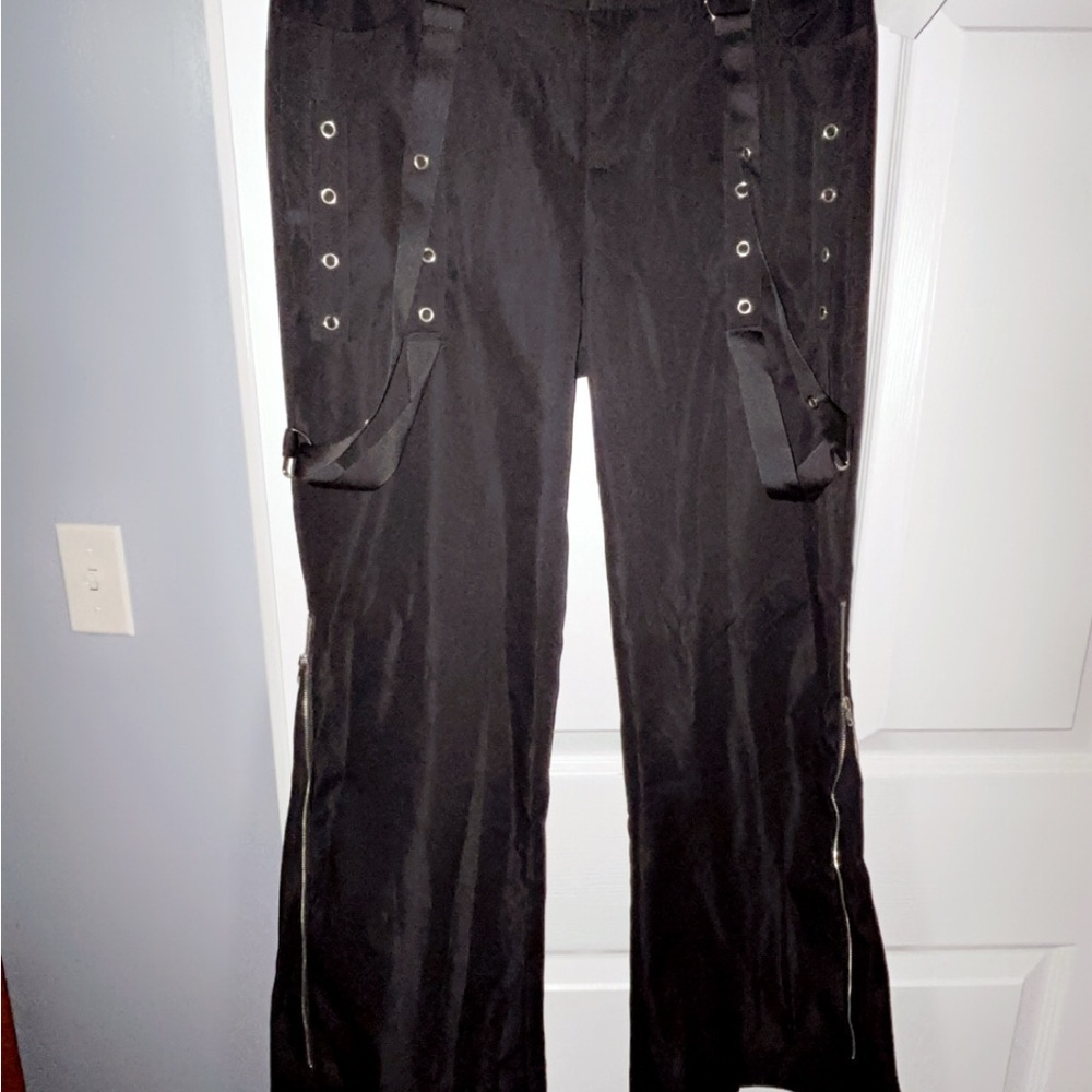 Y2K Goth Rocker Black Flair Pants with Strap and Zipper Detail
